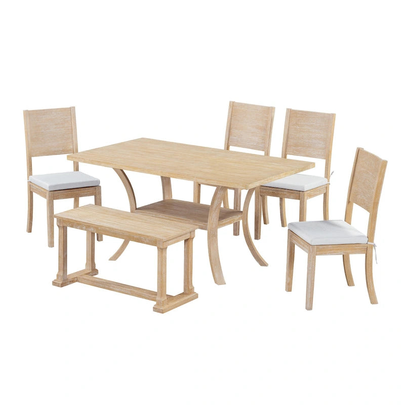 Modern Style 6-Piece Dining Table Set with 4 Removable Cushions Dining Chairs, Storage Shelf and Bench