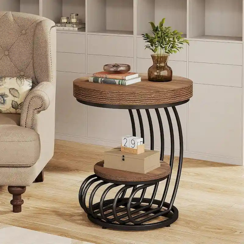 2 Tiers Round End Table with Shelf Storage, Arc-Shaped Side Sofa Table
