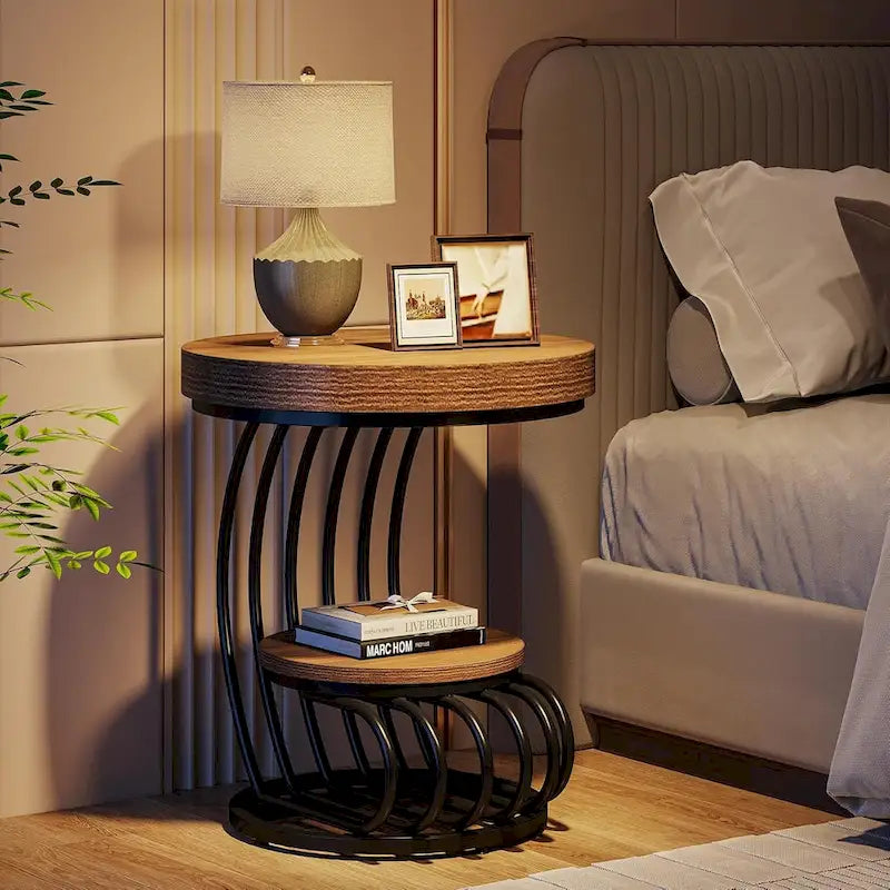 2 Tiers Round End Table with Shelf Storage, Arc-Shaped Side Sofa Table