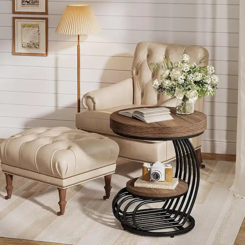 2 Tiers Round End Table with Shelf Storage, Arc-Shaped Side Sofa Table