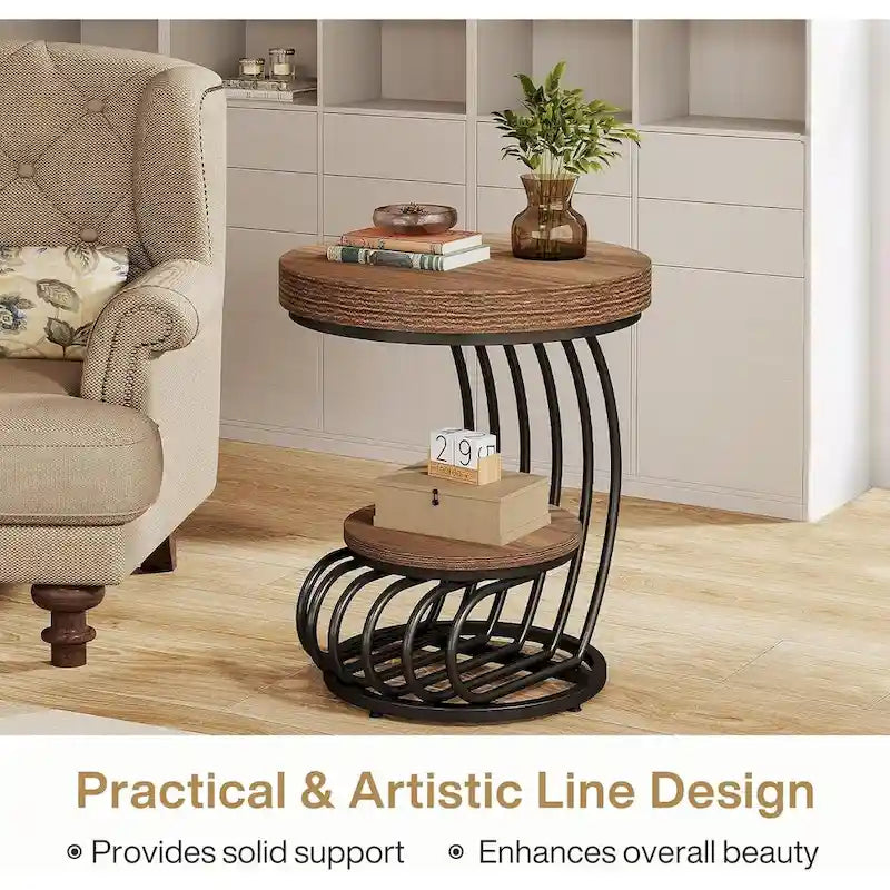 2 Tiers Round End Table with Shelf Storage, Arc-Shaped Side Sofa Table
