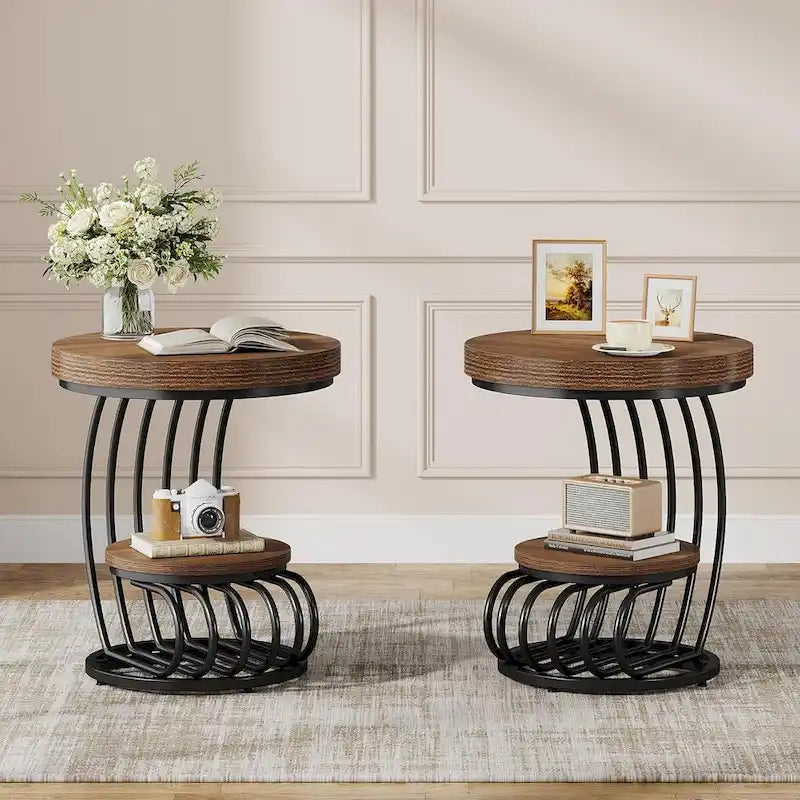 2 Tiers Round End Table with Shelf Storage, Arc-Shaped Side Sofa Table