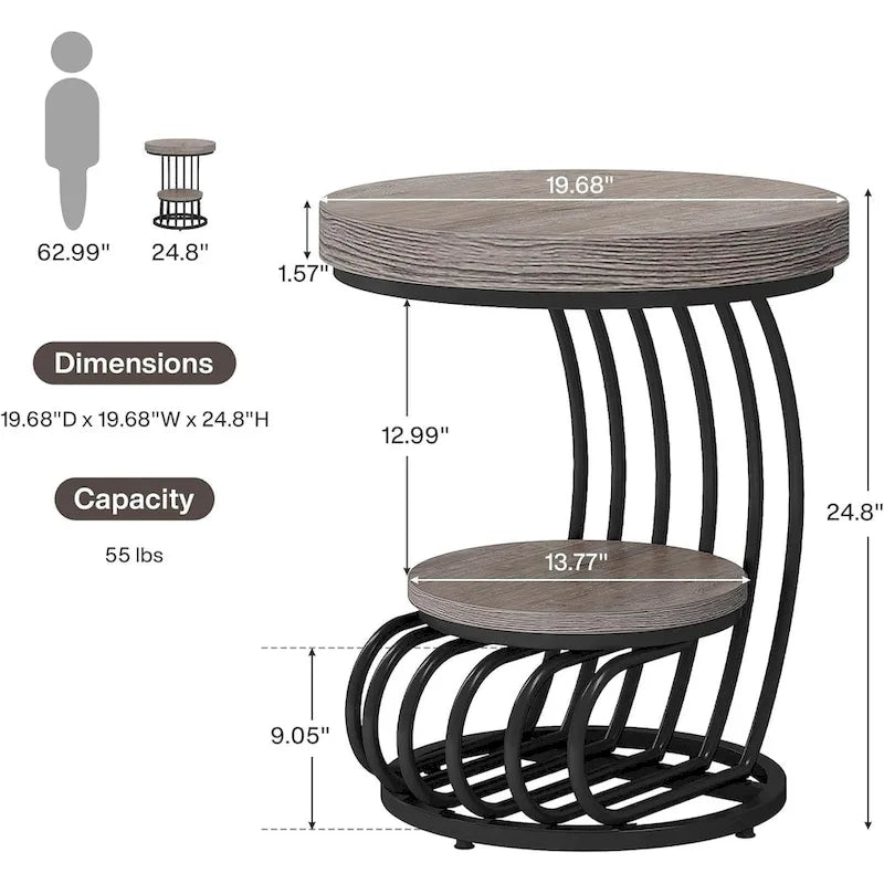 2 Tiers Round End Table with Shelf Storage, Arc-Shaped Side Sofa Table