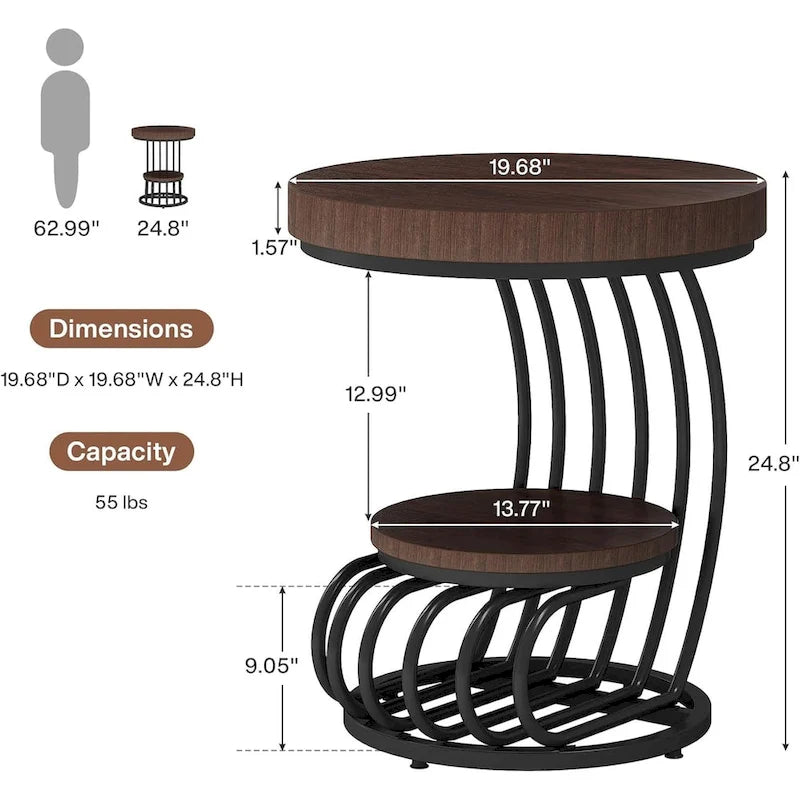 2 Tiers Round End Table with Shelf Storage, Arc-Shaped Side Sofa Table