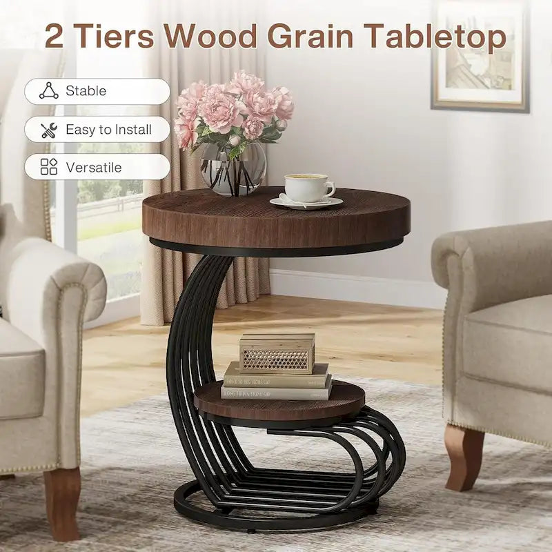 2 Tiers Round End Table with Shelf Storage, Arc-Shaped Side Sofa Table