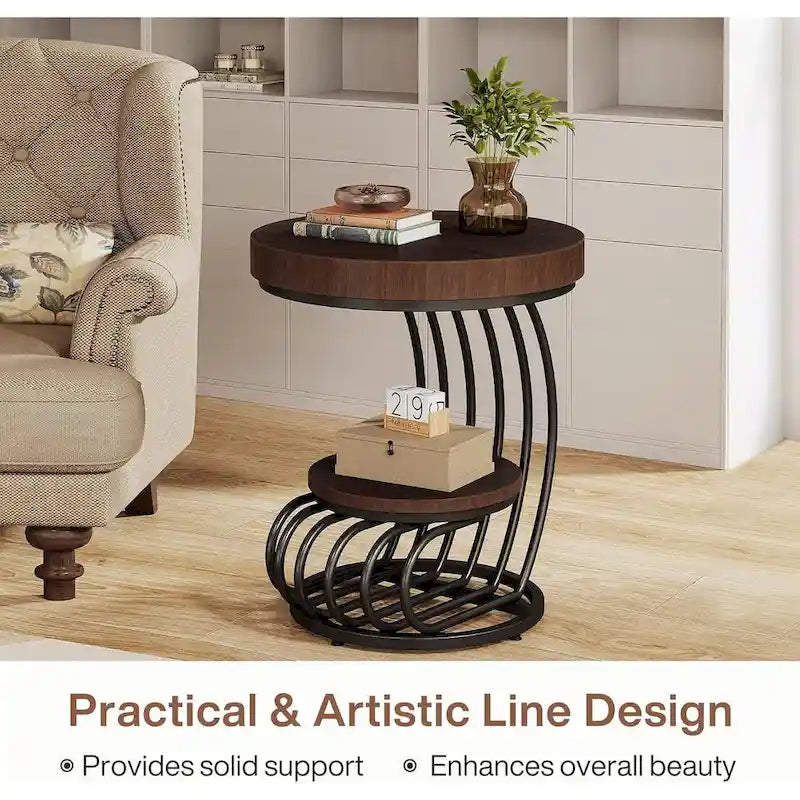 2 Tiers Round End Table with Shelf Storage, Arc-Shaped Side Sofa Table