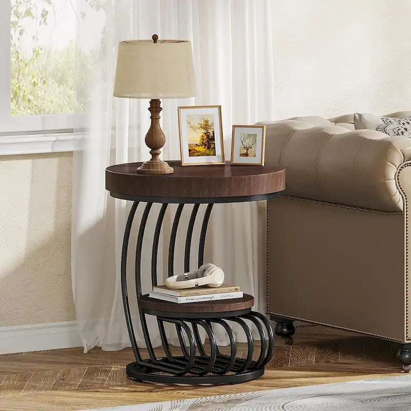 2 Tiers Round End Table with Shelf Storage, Arc-Shaped Side Sofa Table