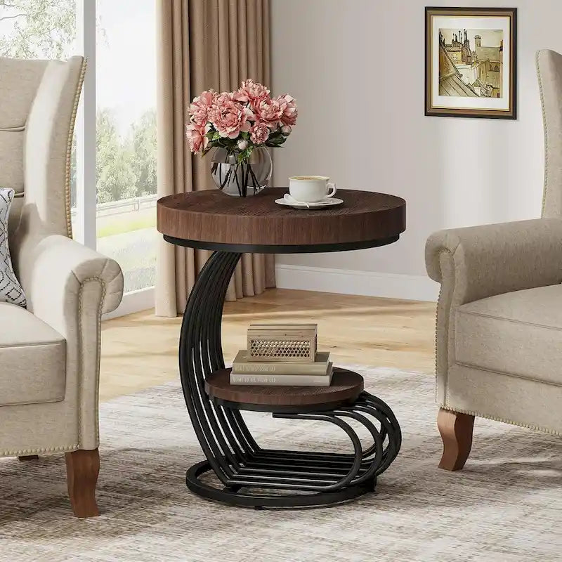 2 Tiers Round End Table with Shelf Storage, Arc-Shaped Side Sofa Table