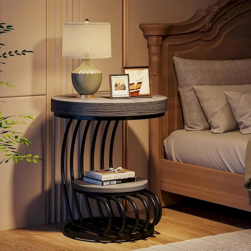 2 Tiers Round End Table with Shelf Storage, Arc-Shaped Side Sofa Table
