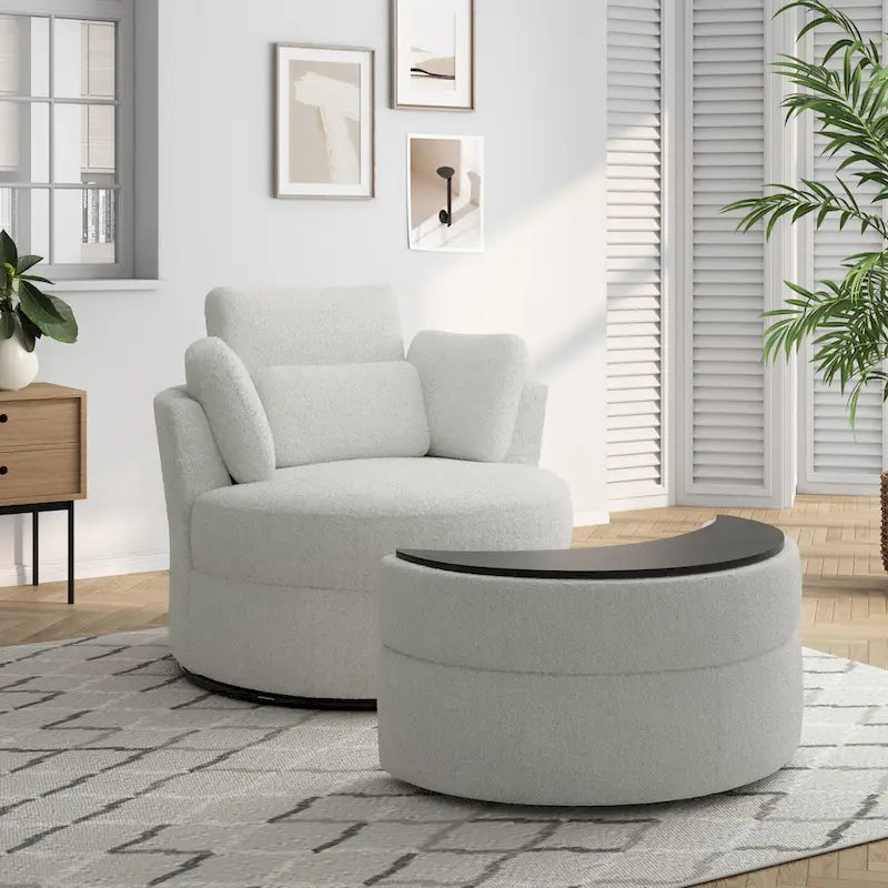 Upholstered Swivel Accent Chair with Wooden Tray Storage Ottoman