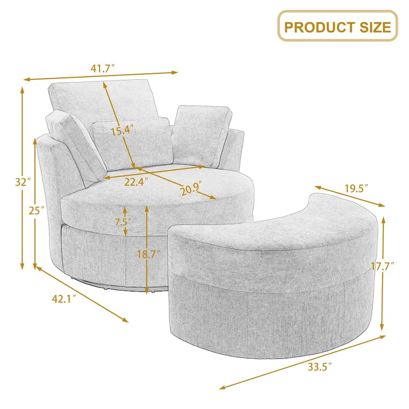 Upholstered Swivel Accent Chair with Wooden Tray Storage Ottoman