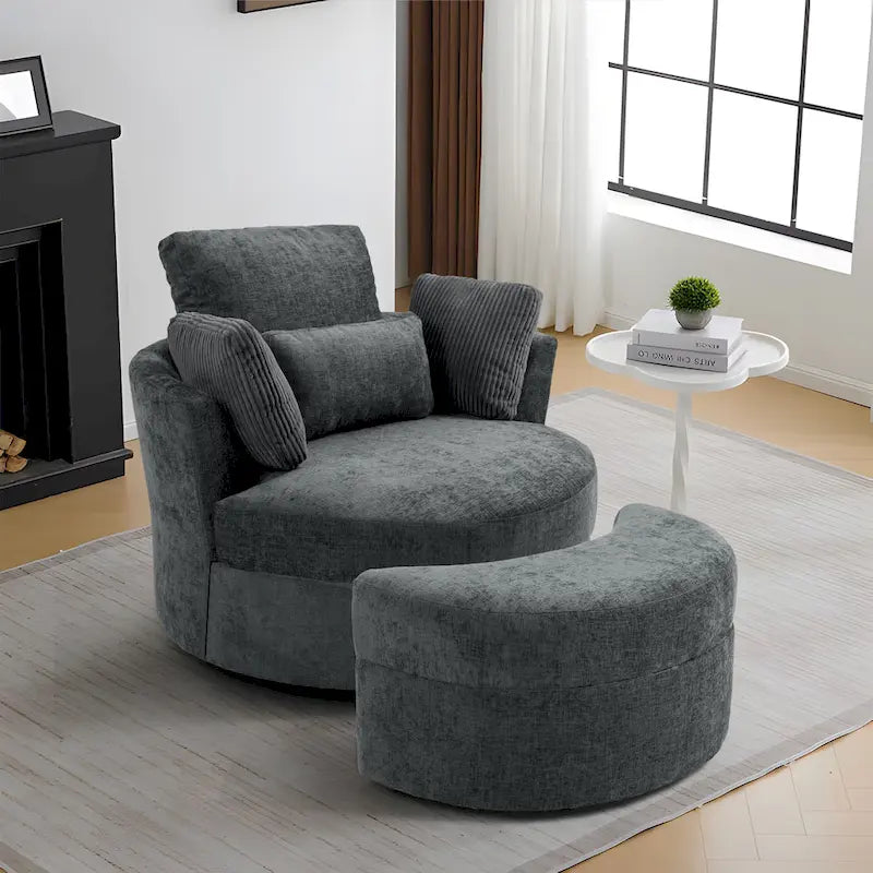 Upholstered Swivel Accent Chair with Wooden Tray Storage Ottoman