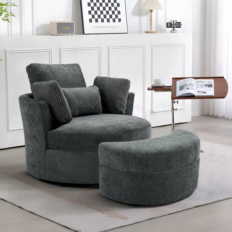 Upholstered Swivel Accent Chair with Wooden Tray Storage Ottoman