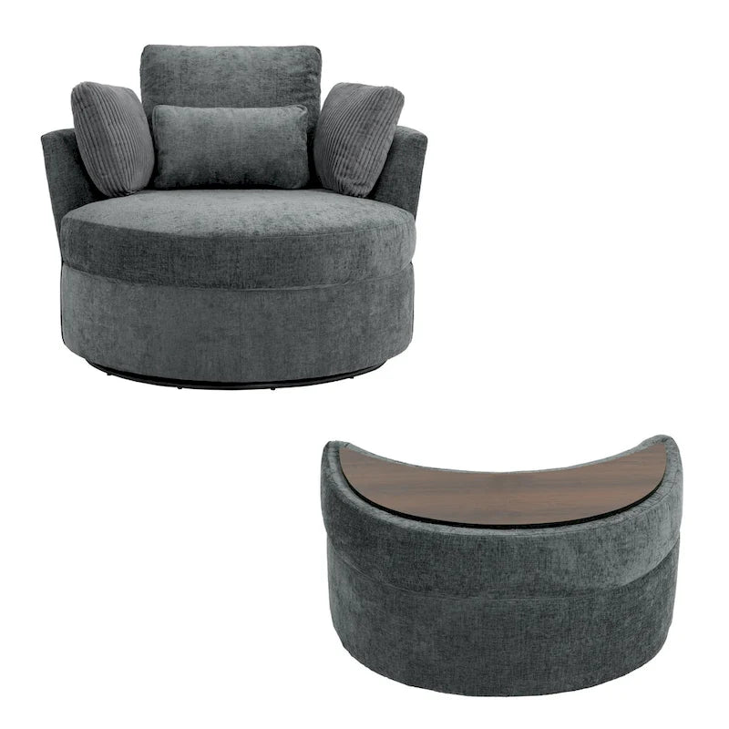 Upholstered Swivel Accent Chair with Wooden Tray Storage Ottoman