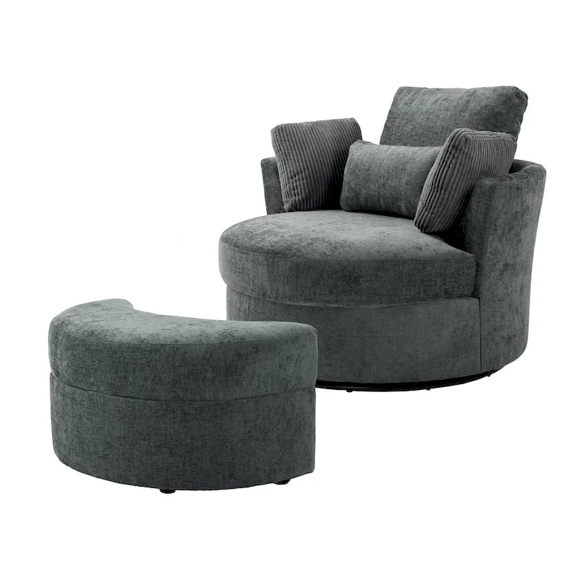 Upholstered Swivel Accent Chair with Wooden Tray Storage Ottoman