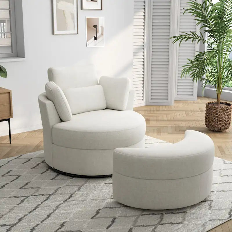 Upholstered Swivel Accent Chair with Wooden Tray Storage Ottoman
