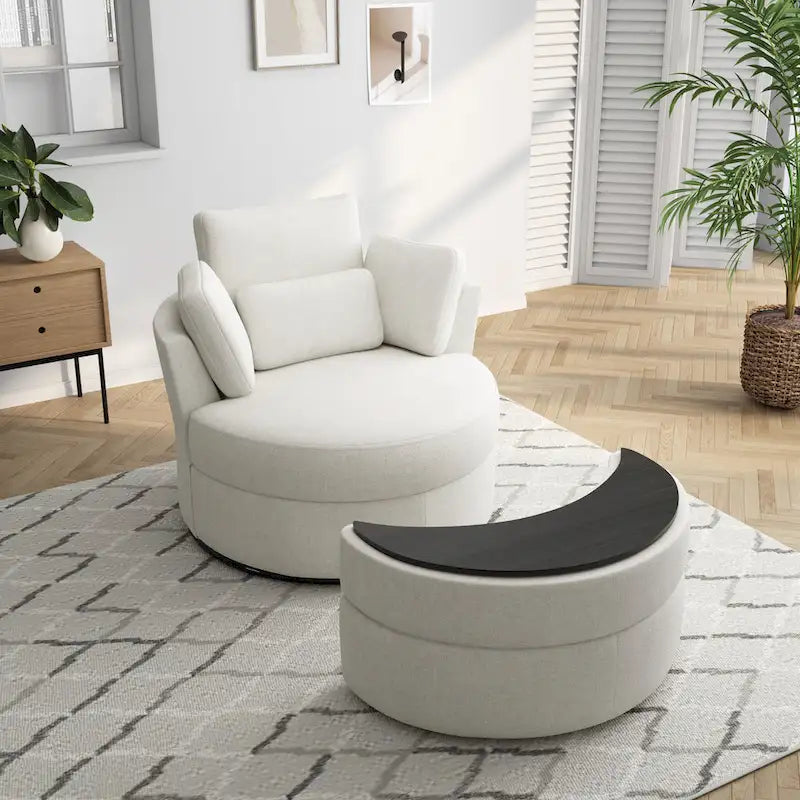 Upholstered Swivel Accent Chair with Wooden Tray Storage Ottoman