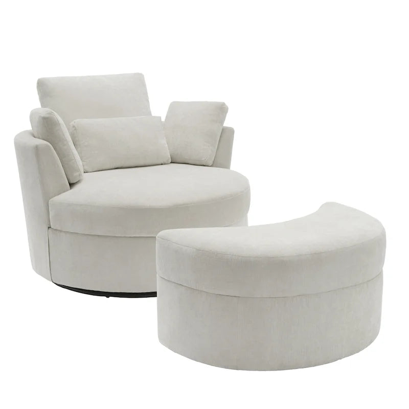 Upholstered Swivel Accent Chair with Wooden Tray Storage Ottoman