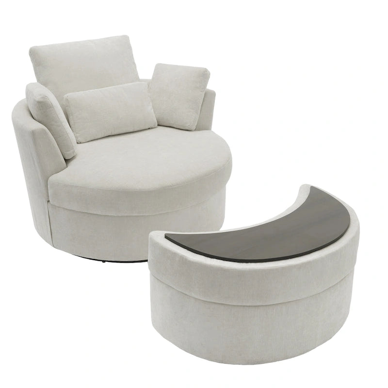 Upholstered Swivel Accent Chair with Wooden Tray Storage Ottoman
