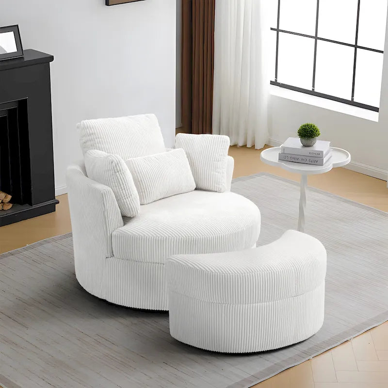 Upholstered Swivel Accent Chair with Wooden Tray Storage Ottoman
