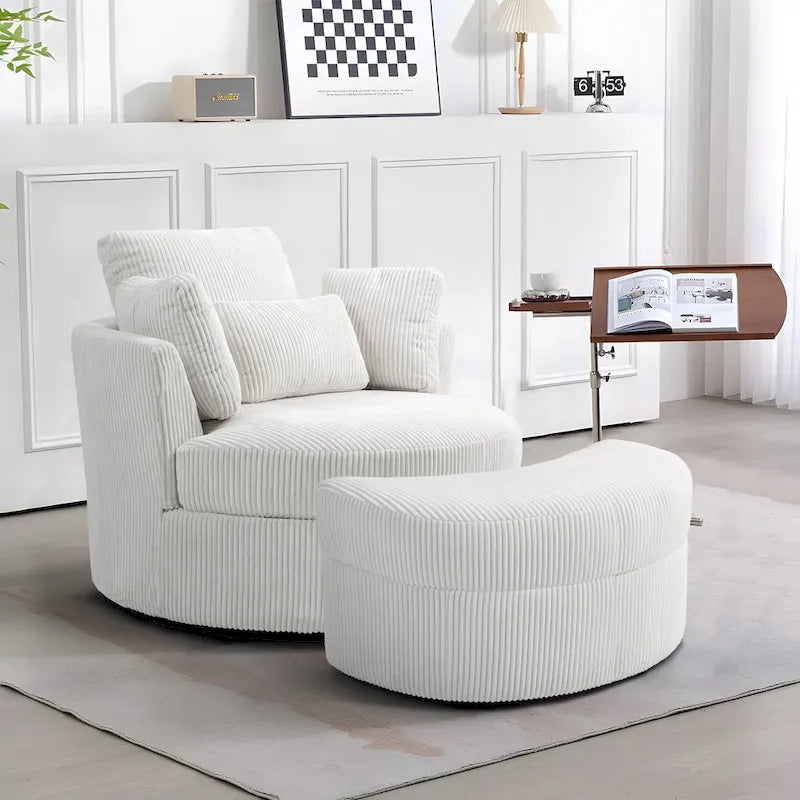Upholstered Swivel Accent Chair with Wooden Tray Storage Ottoman