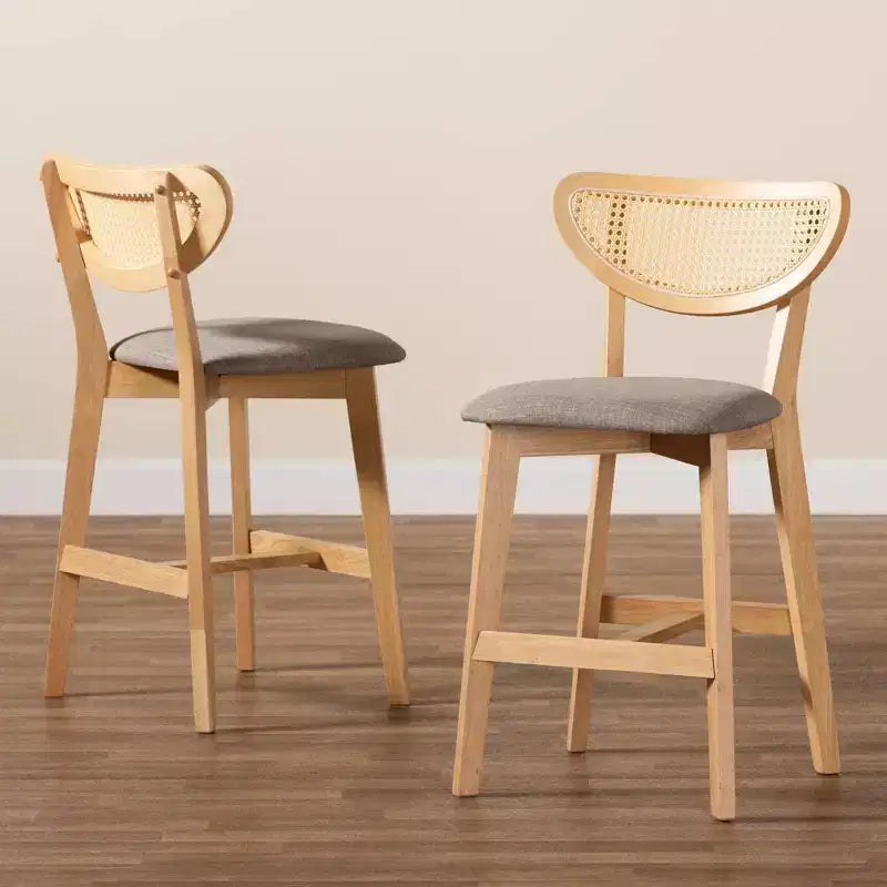 Tabourets de bar hauteur comptoir en tissu et bois Gris/Chêne Naturel/Marron Clair : Revêtement en polyester, Structure en caoutchouc