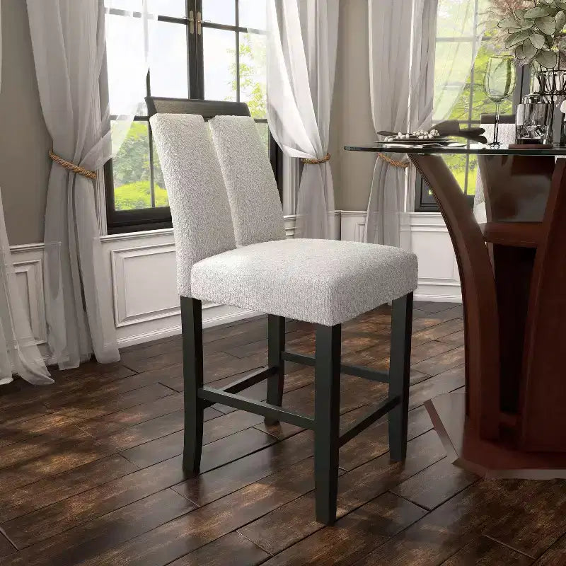 Lot de 2 tabourets de bar contemporains en bouclette, hauteur comptoir, blanc/noir : Rembourrés, pieds en bois, garnissage mousse