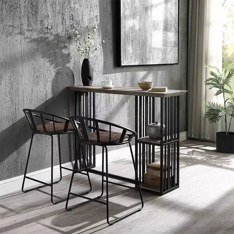 Table à manger en chêne antique, finition noir sable : Piètement central robuste en métal, 2 places