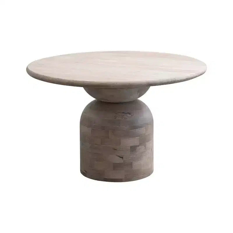 Table à manger en bois de manguier naturel : Finition blanchie, pied central, diamètre 119 cm