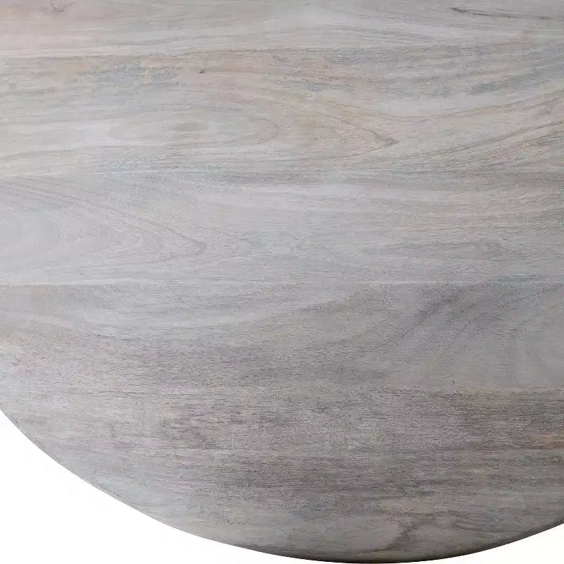Table à manger en bois de manguier naturel : Finition blanchie, pied central, diamètre 119 cm