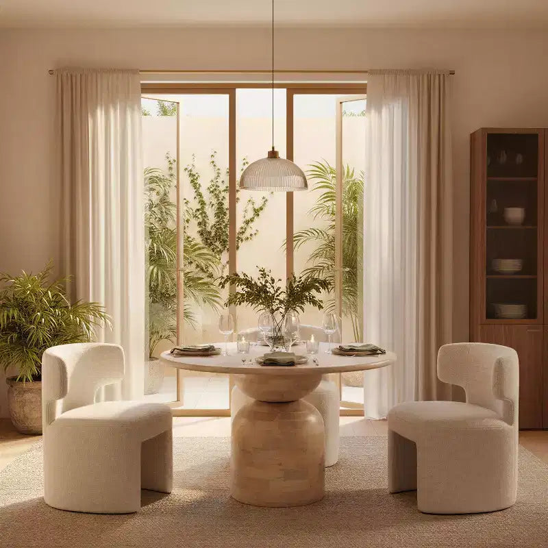 Table à manger en bois de manguier naturel : Finition blanchie, pied central, diamètre 119 cm
