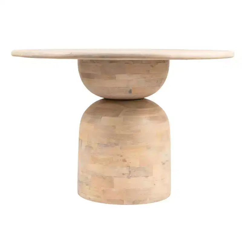 Table à manger en bois de manguier naturel : Finition blanchie, pied central, diamètre 119 cm