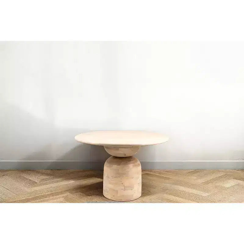 Table à manger en bois de manguier naturel : Finition blanchie, pied central, diamètre 119 cm