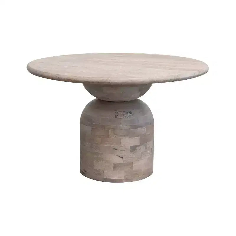 Table à manger en bois de manguier naturel : Finition blanchie, pied central, diamètre 119 cm