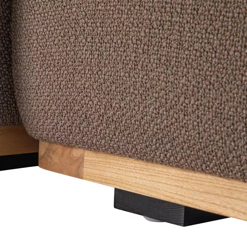 Canapé avec méridienne beige : Moderne en forme de L, interchangeable, bordure en bois, brun champignon