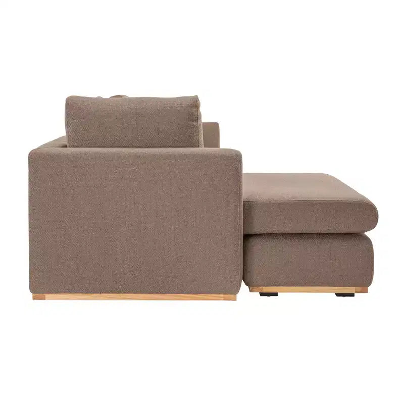 Canapé avec méridienne beige : Moderne en forme de L, interchangeable, bordure en bois, brun champignon