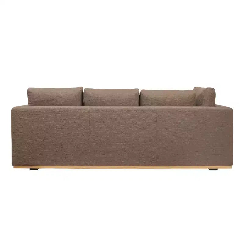 Canapé avec méridienne beige : Moderne en forme de L, interchangeable, bordure en bois, brun champignon