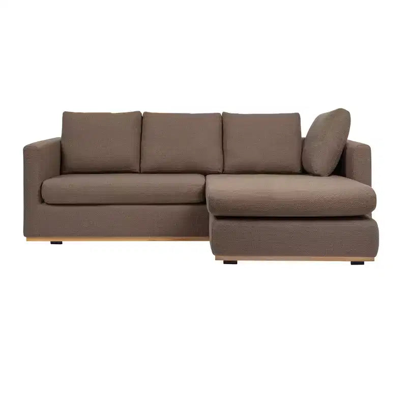 Canapé avec méridienne beige : Moderne en forme de L, interchangeable, bordure en bois, brun champignon
