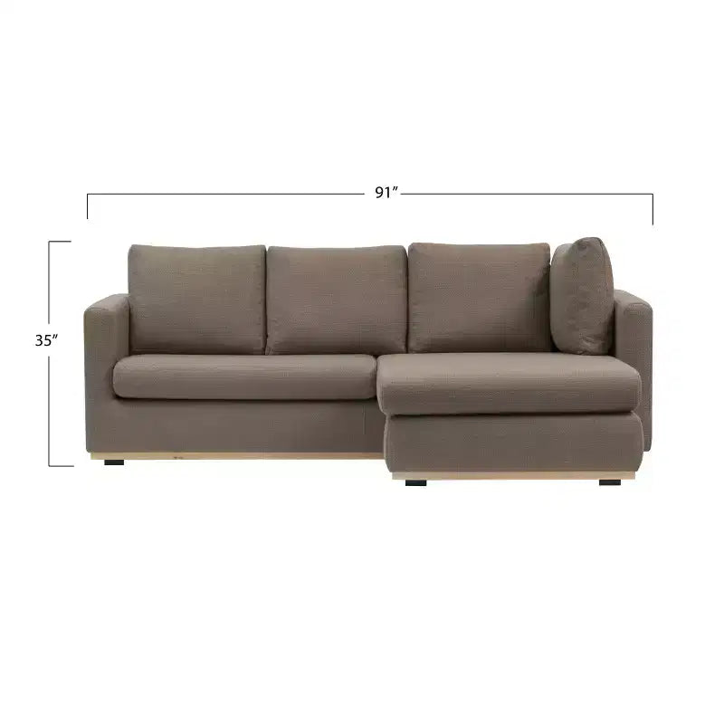 Canapé avec méridienne beige : Moderne en forme de L, interchangeable, bordure en bois, brun champignon