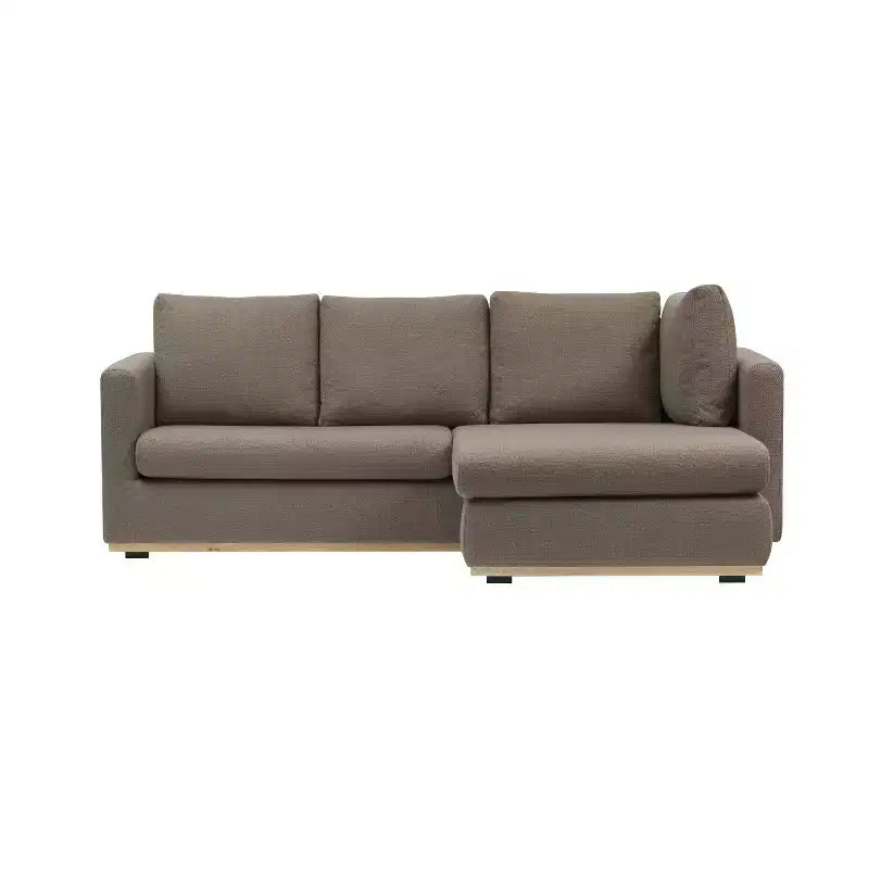 Canapé avec méridienne beige : Moderne en forme de L, interchangeable, bordure en bois, brun champignon