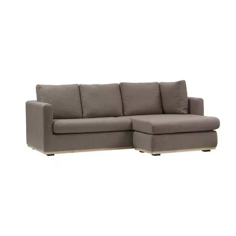 Canapé avec méridienne beige : Moderne en forme de L, interchangeable, bordure en bois, brun champignon