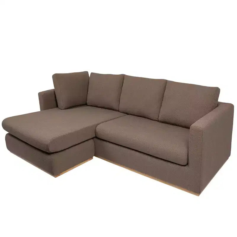 Canapé avec méridienne beige : Moderne en forme de L, interchangeable, bordure en bois, brun champignon