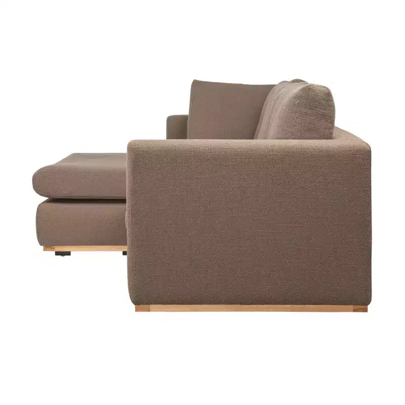 Canapé avec méridienne beige : Moderne en forme de L, interchangeable, bordure en bois, brun champignon