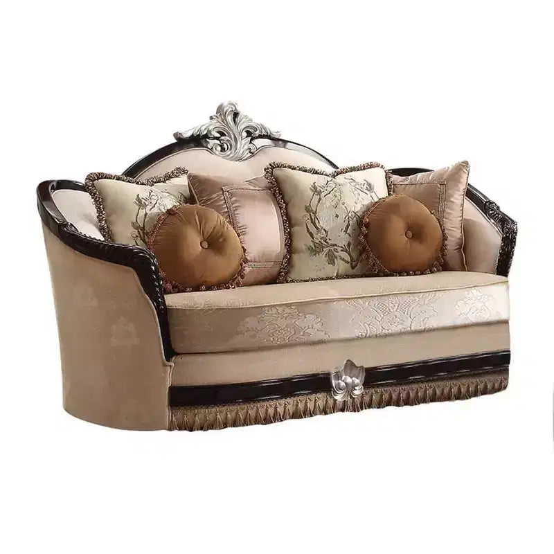75" Ernestine Sofa Tan Fabric and Black Finish - Acme Furniture: Traditional Loveseat, Removable Cushions, 3 Accent Pillows