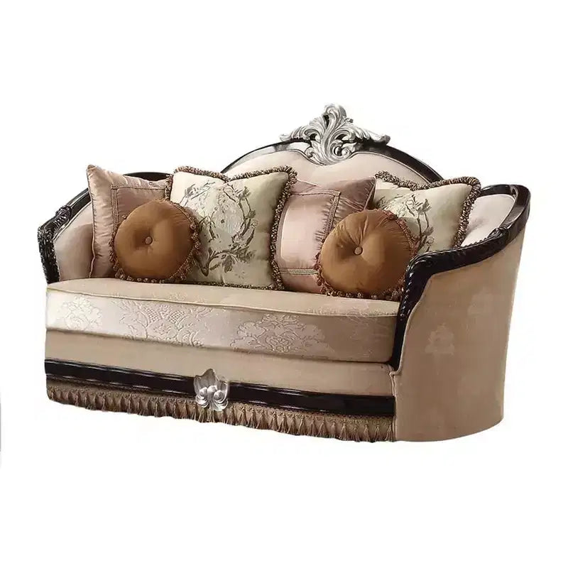 Canapé en tissu beige et meubles à finition noire : Causeuse traditionnelle, coussins déhoussables, 3 coussins décoratifs