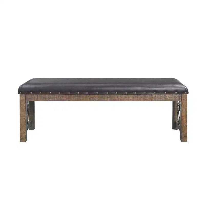 Poufs et bancs en similicuir noir et fini cerisier vieilli : clous décoratifs, pieds en métal
