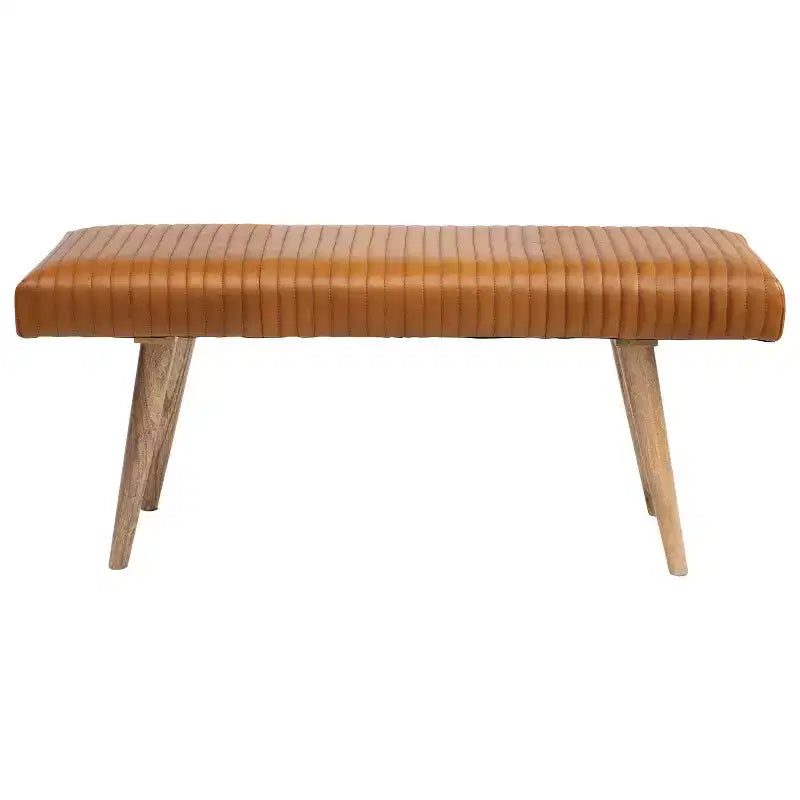 Storied Home Leather Grid Bench Brown: Mango Wood Frame, Adult Assembly, Spot Clean, Rectangle Shape