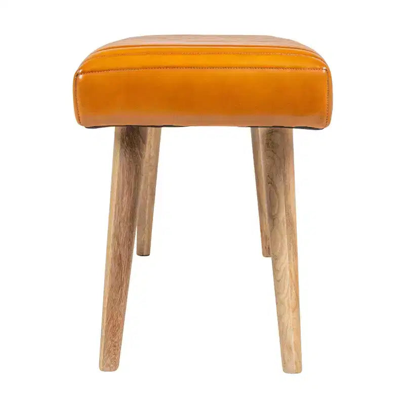 Banc quadrillé en cuir marron : Cadre en bois de manguier, assemblage par un adulte, nettoyage des taches, forme rectangulaire