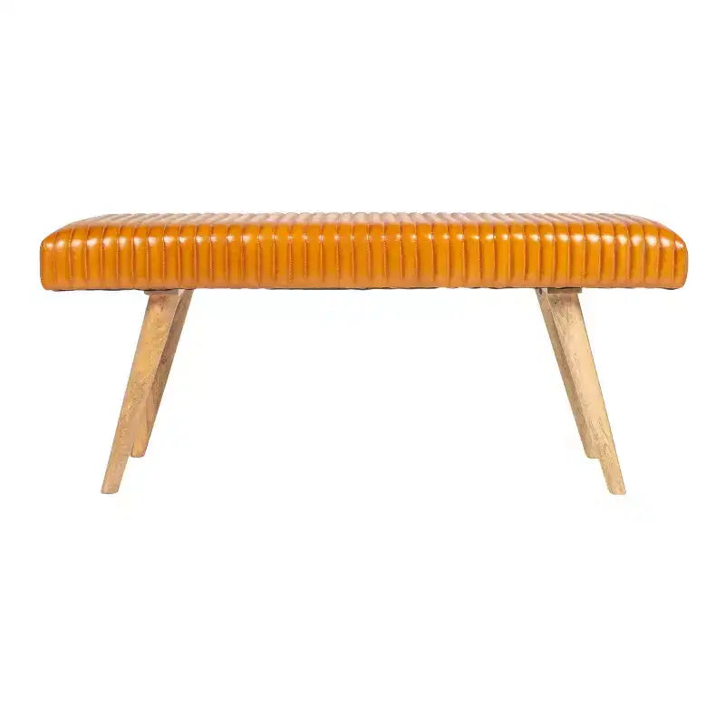 Banc quadrillé en cuir marron : Cadre en bois de manguier, assemblage par un adulte, nettoyage des taches, forme rectangulaire