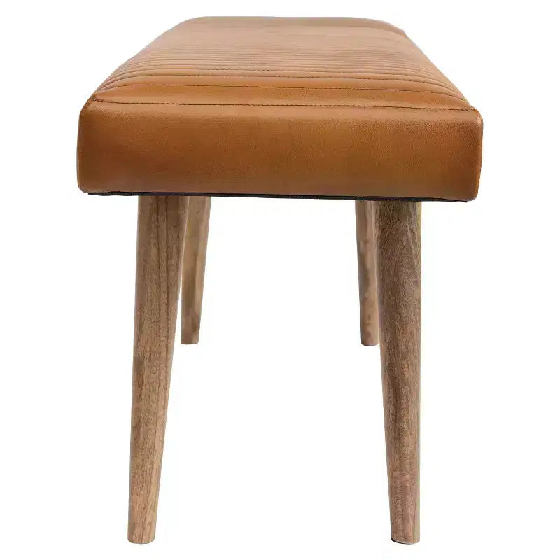 Banc quadrillé en cuir marron : Cadre en bois de manguier, assemblage par un adulte, nettoyage des taches, forme rectangulaire
